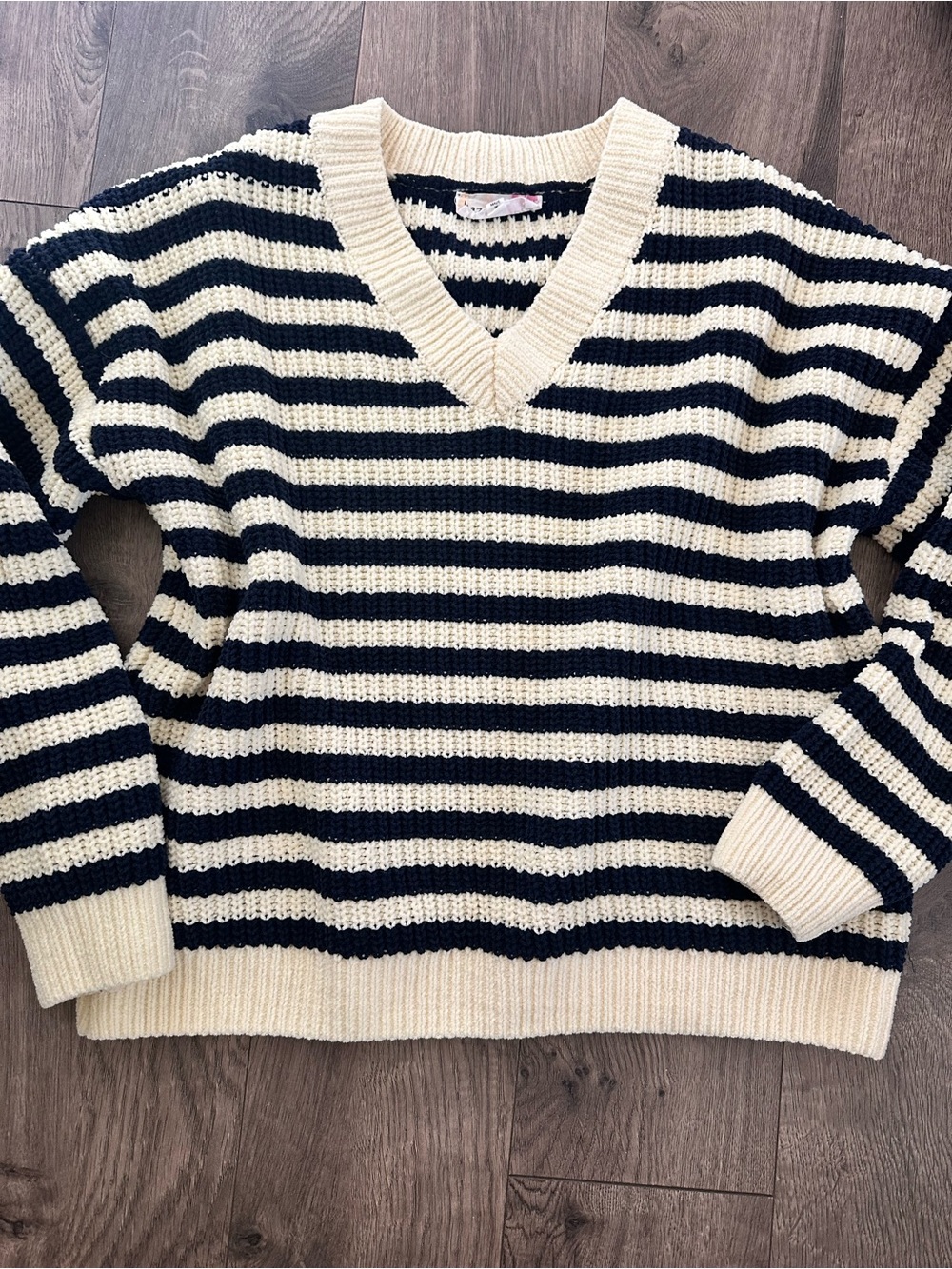 Striped V-Neck Sweater in Cream and Navy